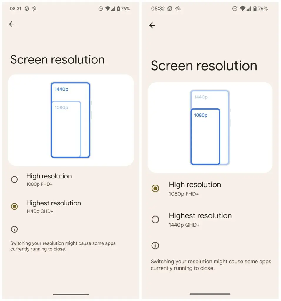 Pixel 6 Pro on Android 13 Can Run at 1080p, Could Improve Battery Life 2 Android 13 Pixel 6 Pro 1440p 1080p