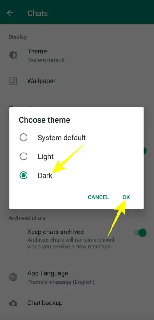 Steps to enable dark mode in WhatsApp