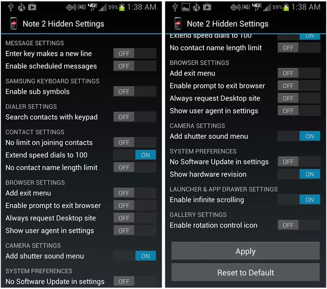 note 2 hidden settings
