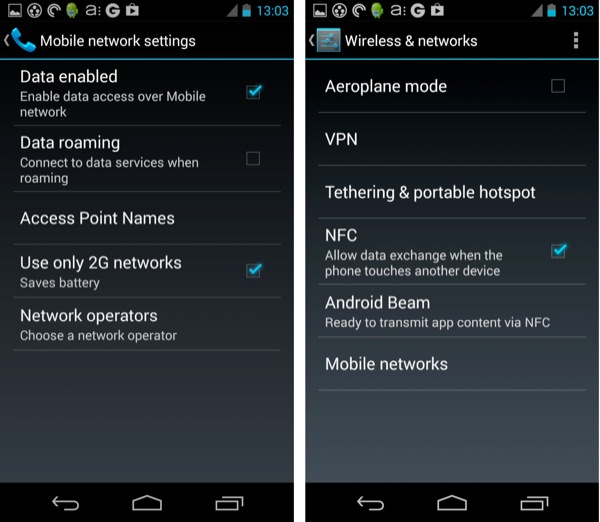 Delving into the Mobile Networks settings to turn 3G off temporarily...