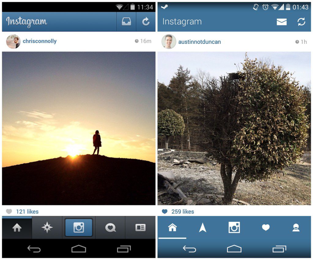 Instagram's official Android client on the left vs. Holofication Nation's app on the right
