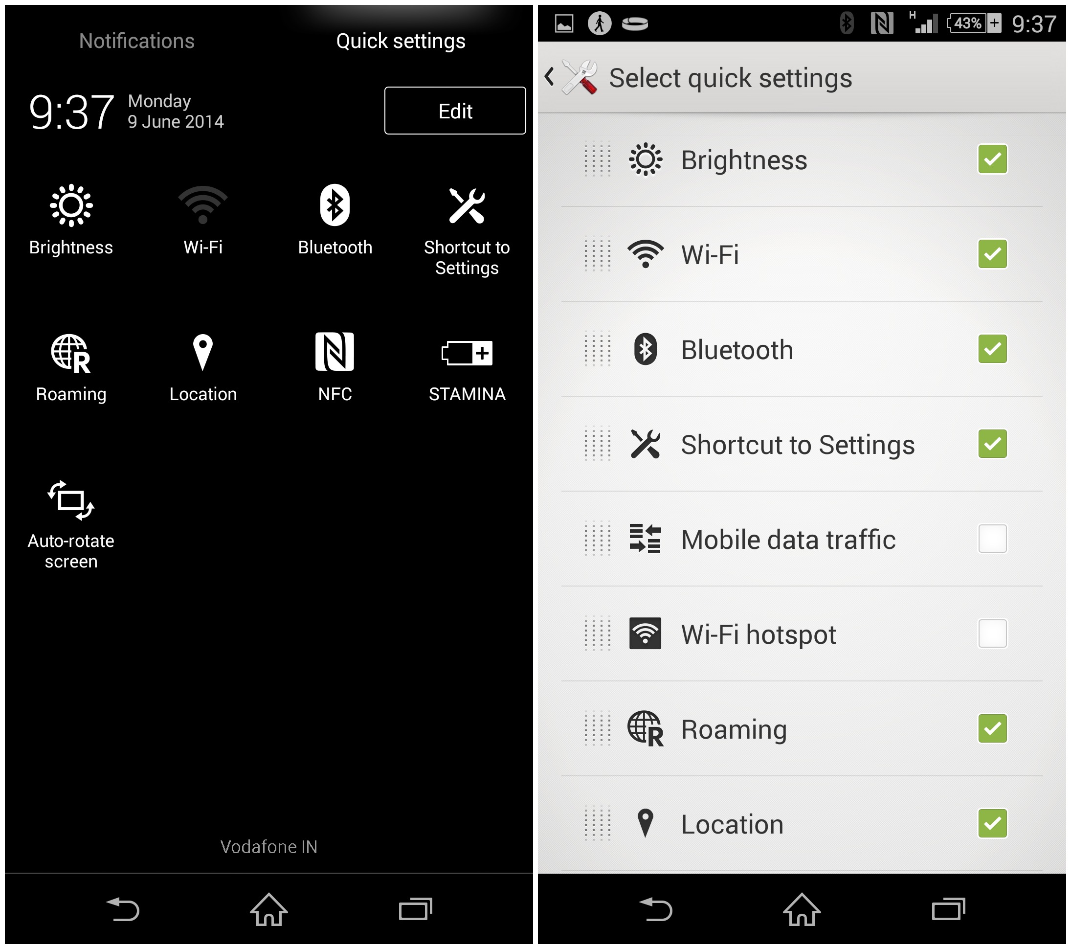 XperiaZ2 quick settings