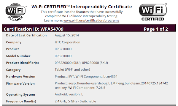 HTC Flounder Wi-Fi Certification