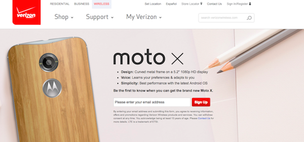 new Moto X for Verizon sign up page