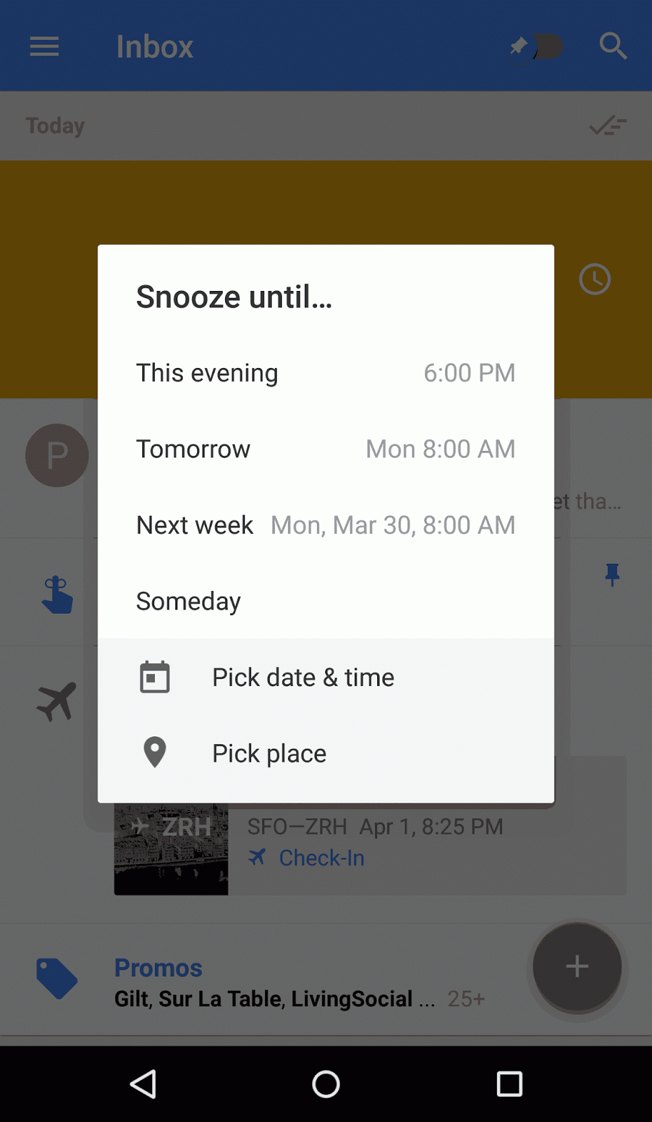 Custom snooze time in Inbox by Gmail