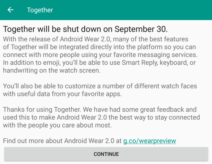 Android Wear Together shut down