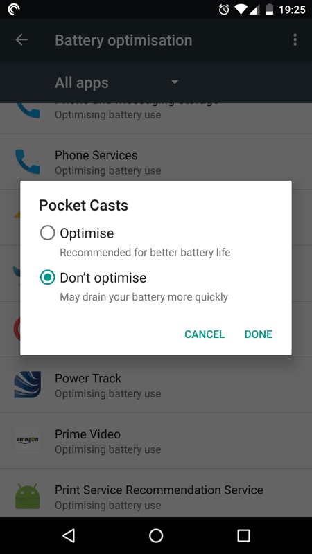 Battery optimisation screenshot