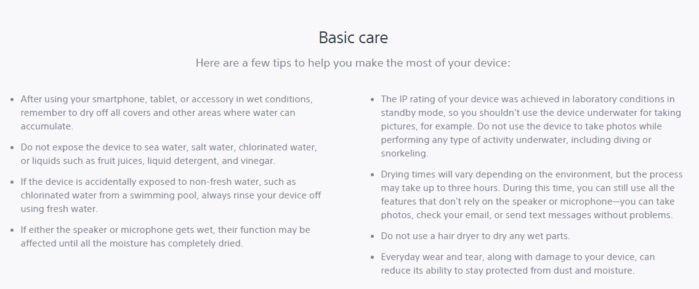 What Those IP Ratings Like IP68 or IP53 Really Mean? 3 sony warning