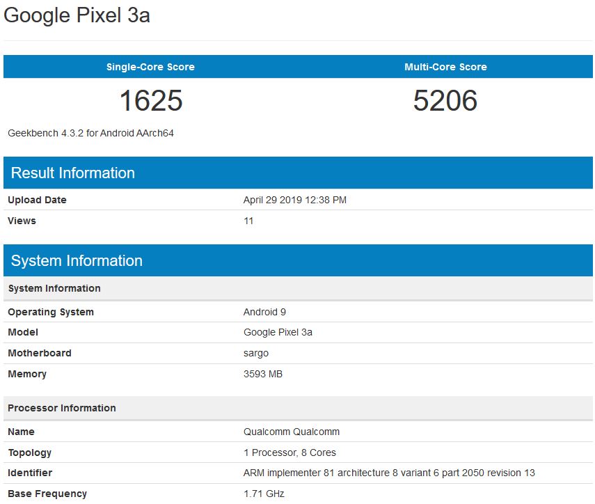 Google Pixel3a Geekbench