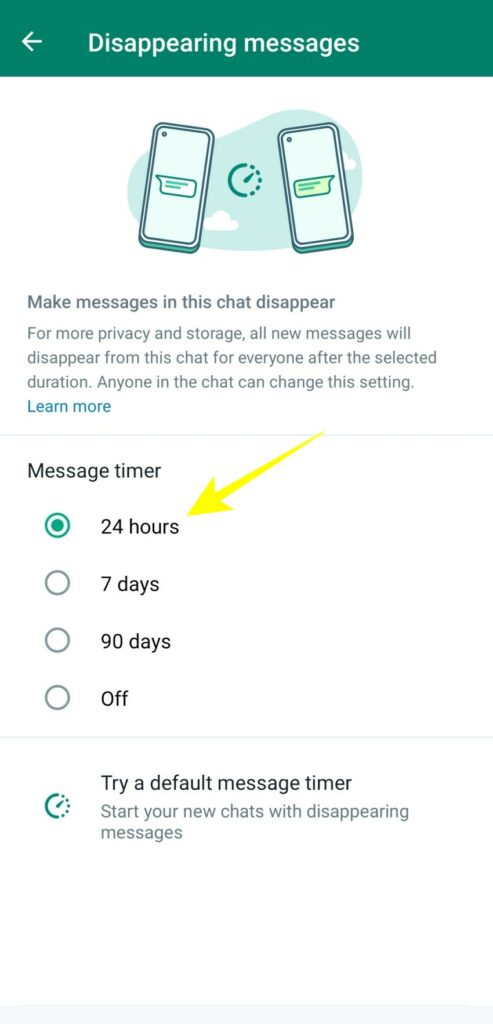 Steps to enable disappearing messages in WhatsApp