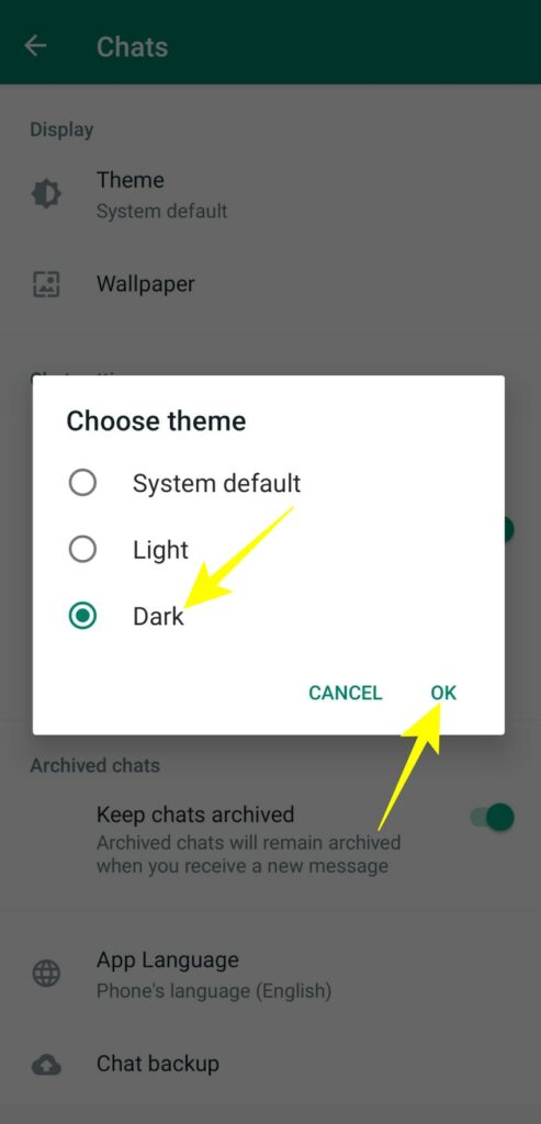 Steps to enable dark mode in WhatsApp